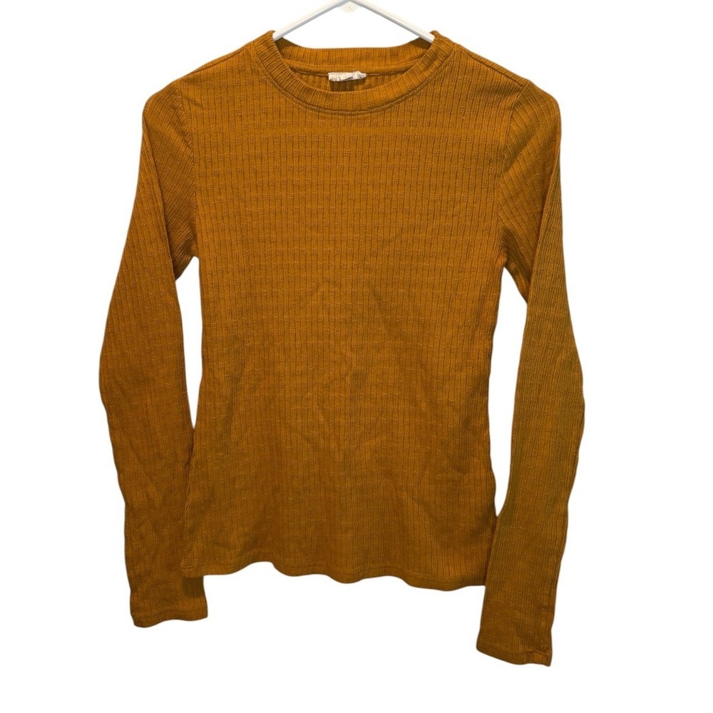 Pilcro Women Mustard Yellow Ribbed Knit Long Sleeve Crew Neck Top S Layering